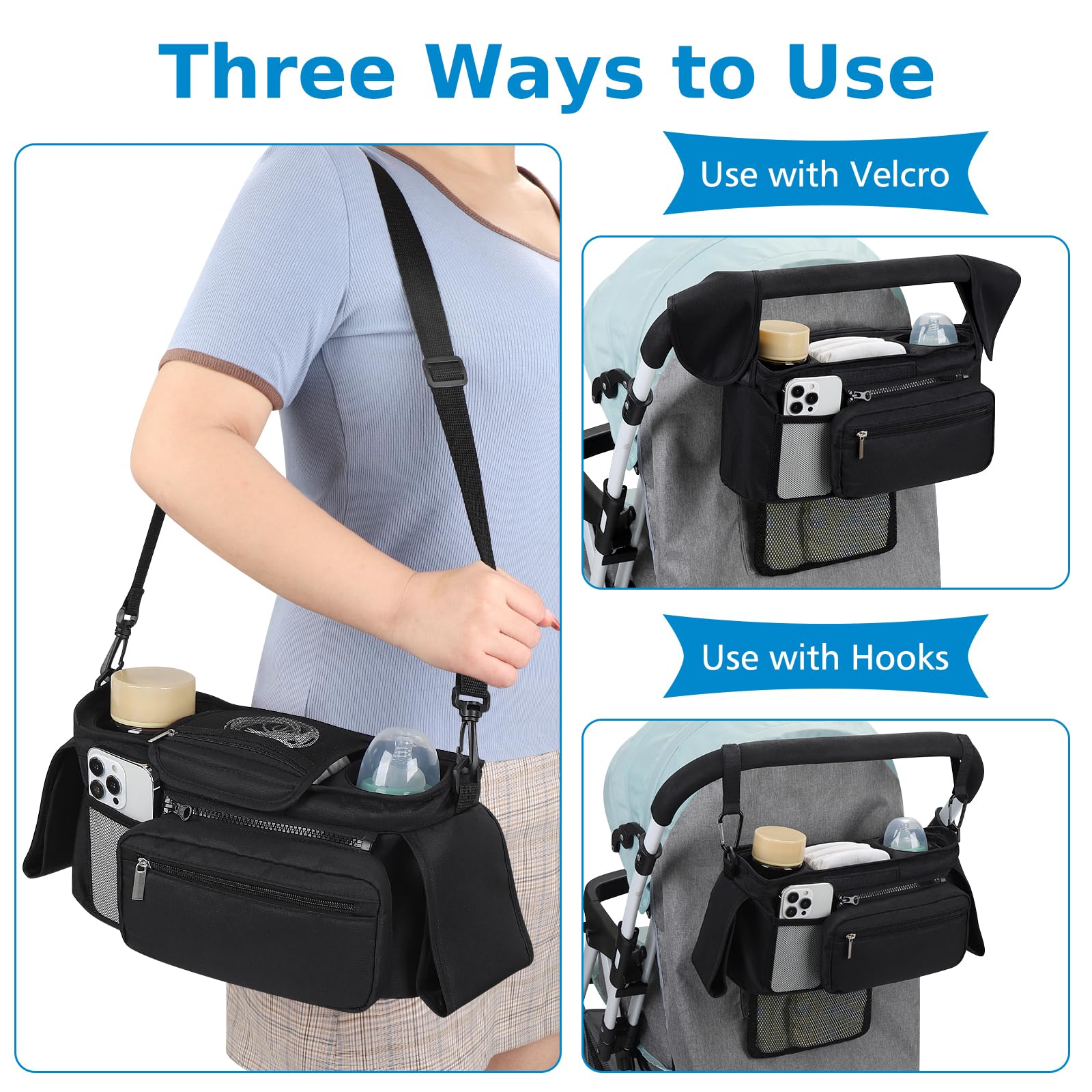 Accmor universal stroller organizer can hang on the stroller or be carried as a standalone bag.