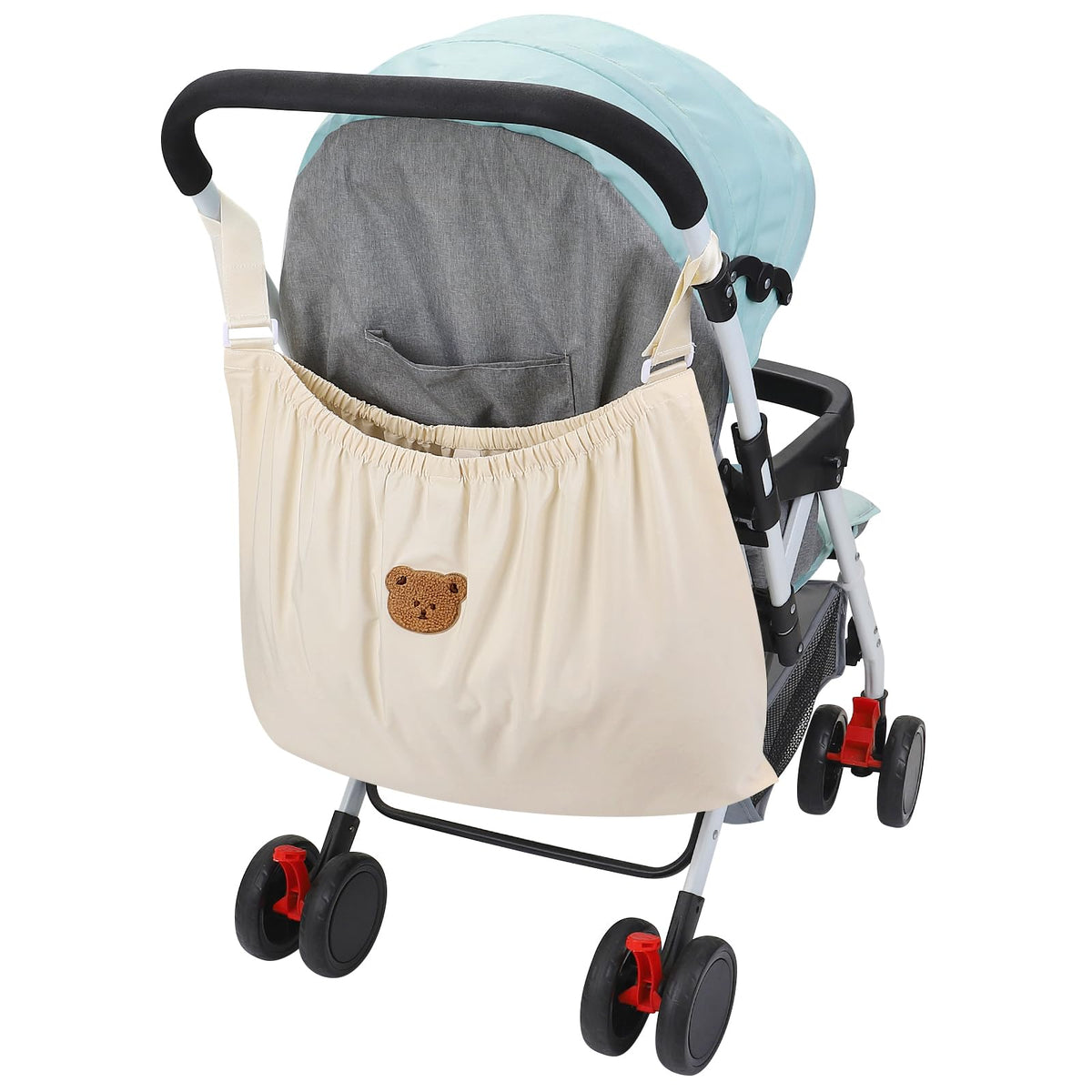 Accmor stroller organizer installed with four Velcro straps for stable, hands-free access