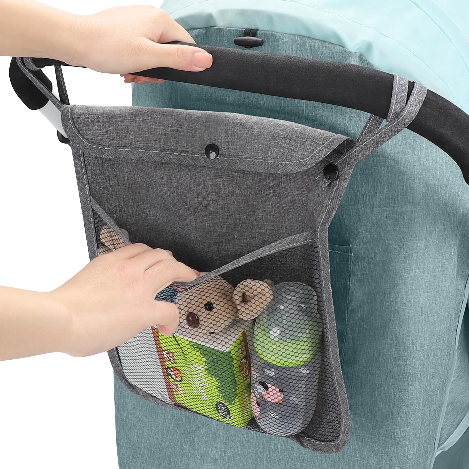 Accmor universal stroller organizer demonstrates large capacity for toys, diapers, and bottles.