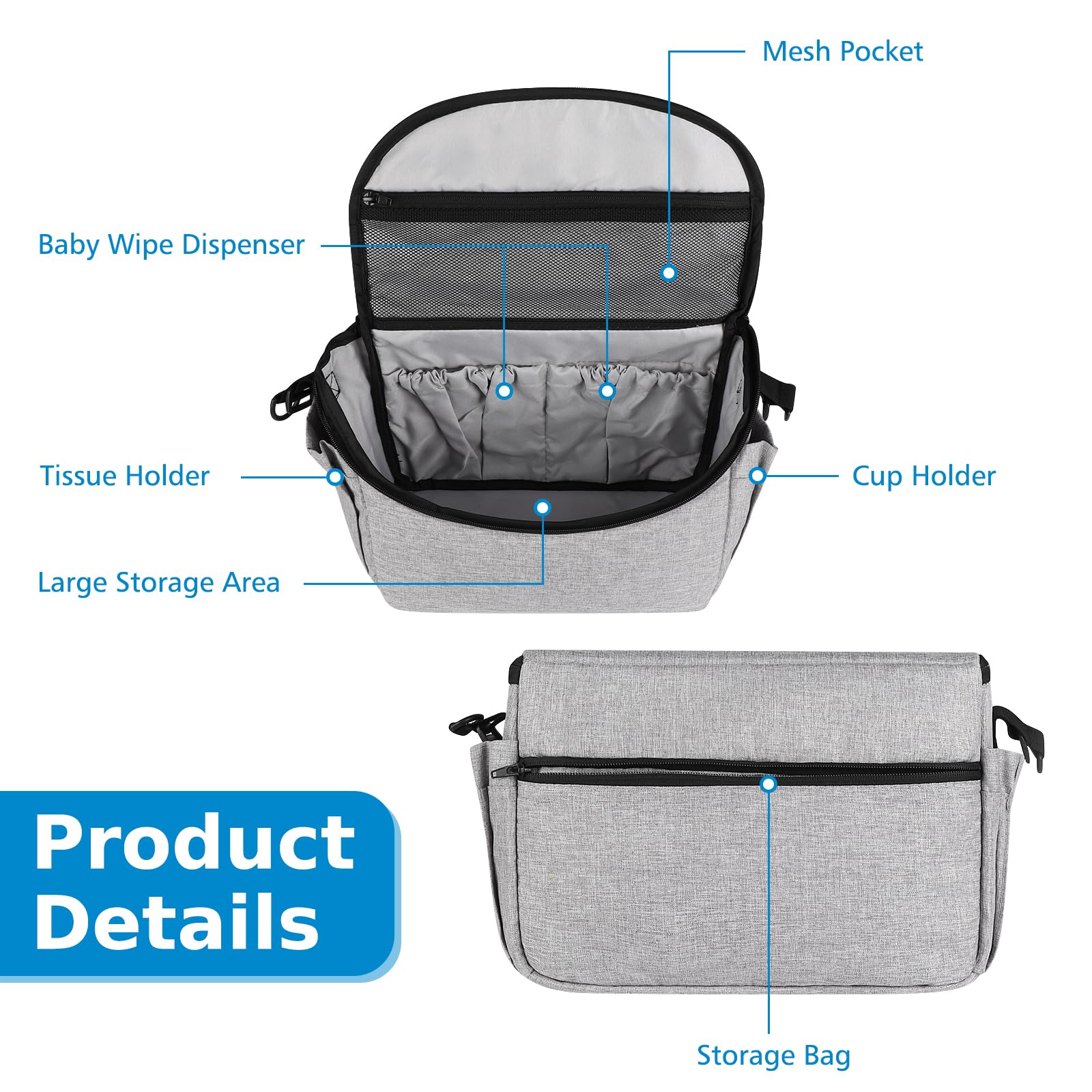 Accmor universal stroller organizer large storage compartment fits baby formula can and wipes.