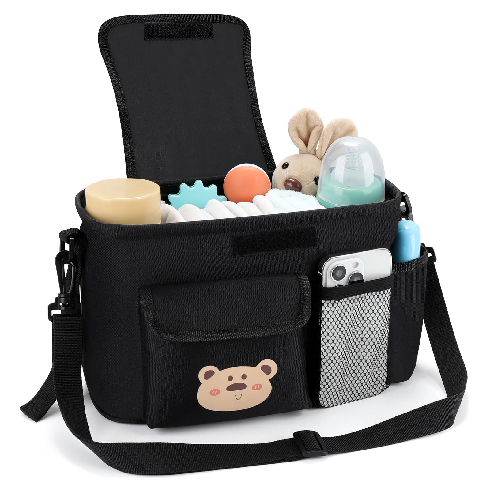 Accmor universal stroller organizer middle compartment stores diapers and cloths.
