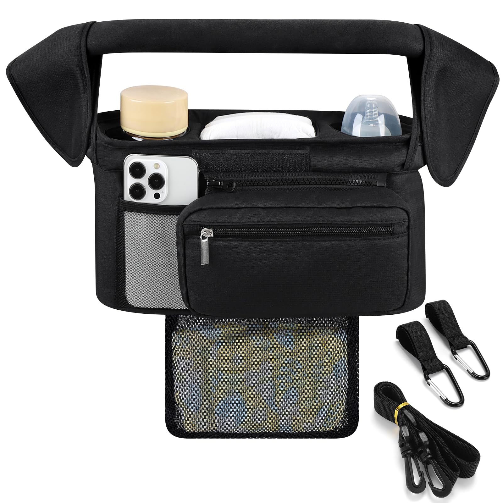 Accmor universal stroller organizer middle storage compartment fits diapers and wipes for quick access.