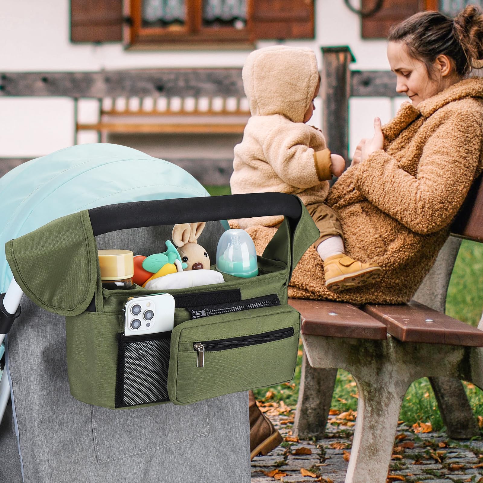 Accmor stroller organizer installed using Velcro strap for easy setup