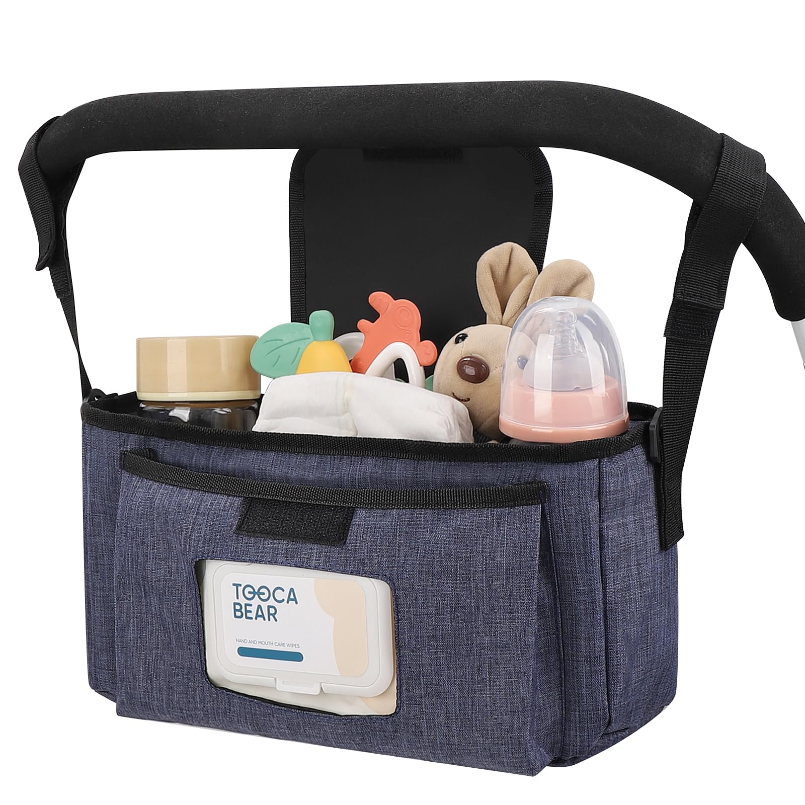 Accmor universal stroller organizer strap attachment demonstrates a secure, stable fit on most strollers.