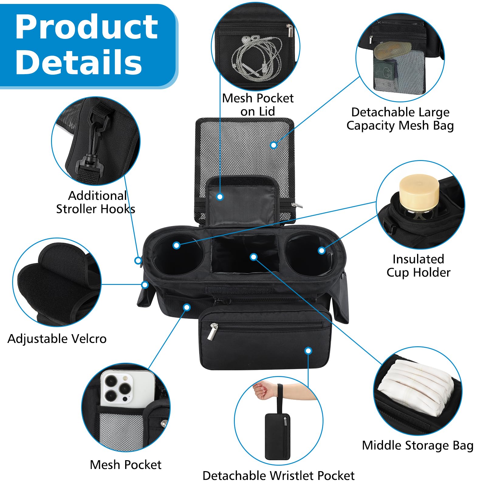 Accmor universal stroller organizer adjustable Velcro strap fits diverse strollers for quick setup.