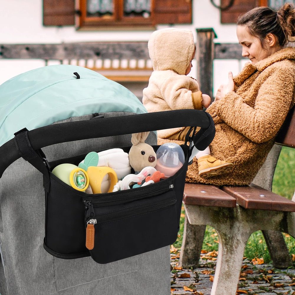 Accmor universal stroller organizer adjustable Velcro strap ensures secure fit on most strollers.