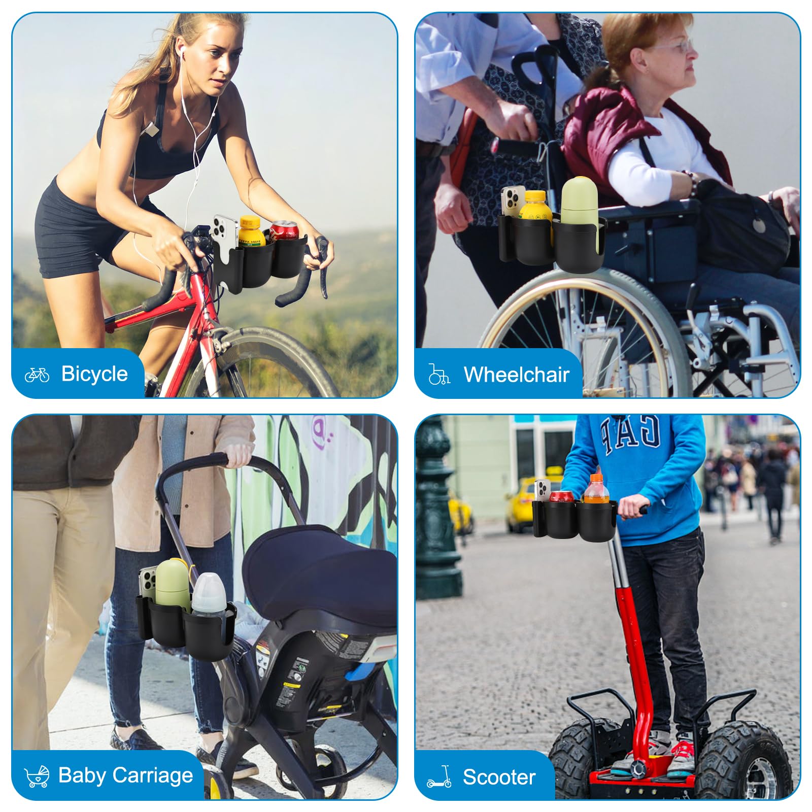 Accmor wide compatibility shown on stroller, wheelchair, and bike handlebars