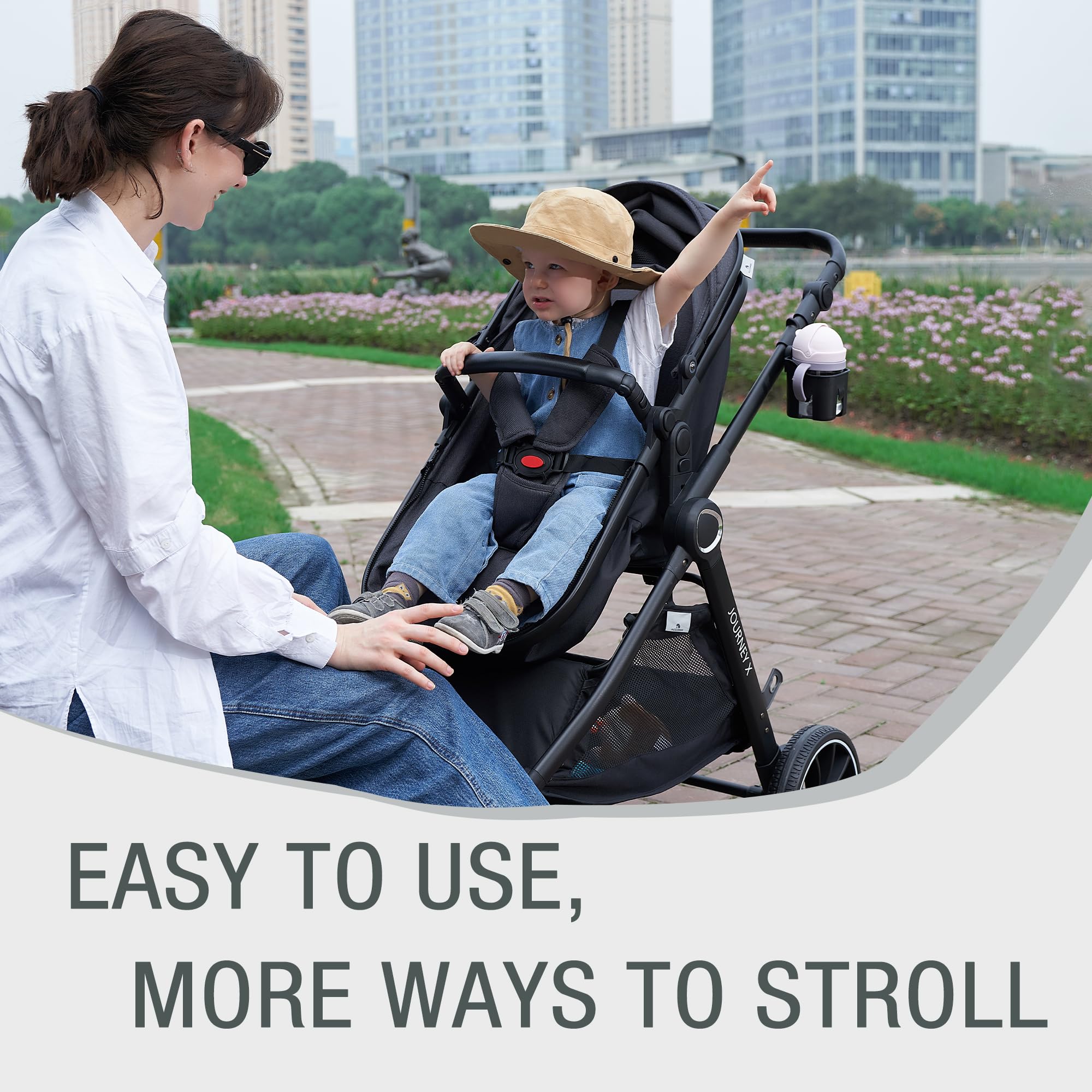 ACCOMBE all-terrain wheels absorb bumps for smooth outdoor rides.