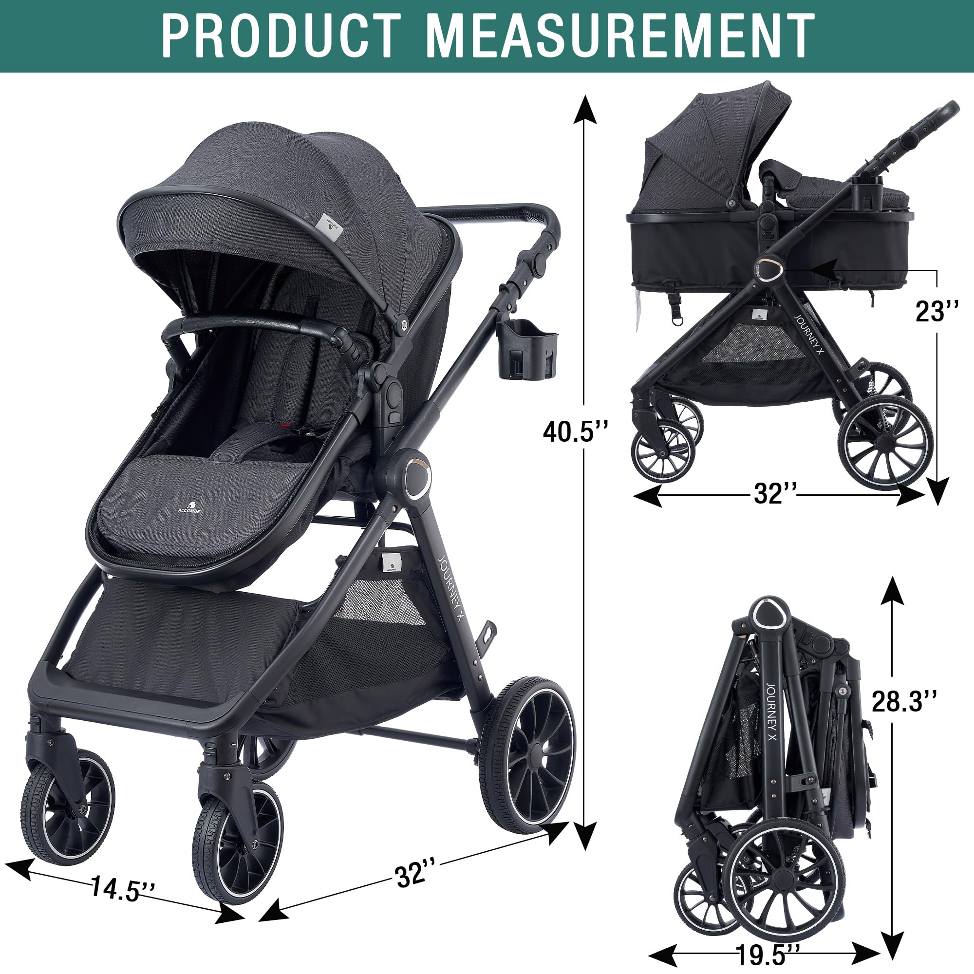 ACCOMBE compact fold and storage basket support travel-friendly design.