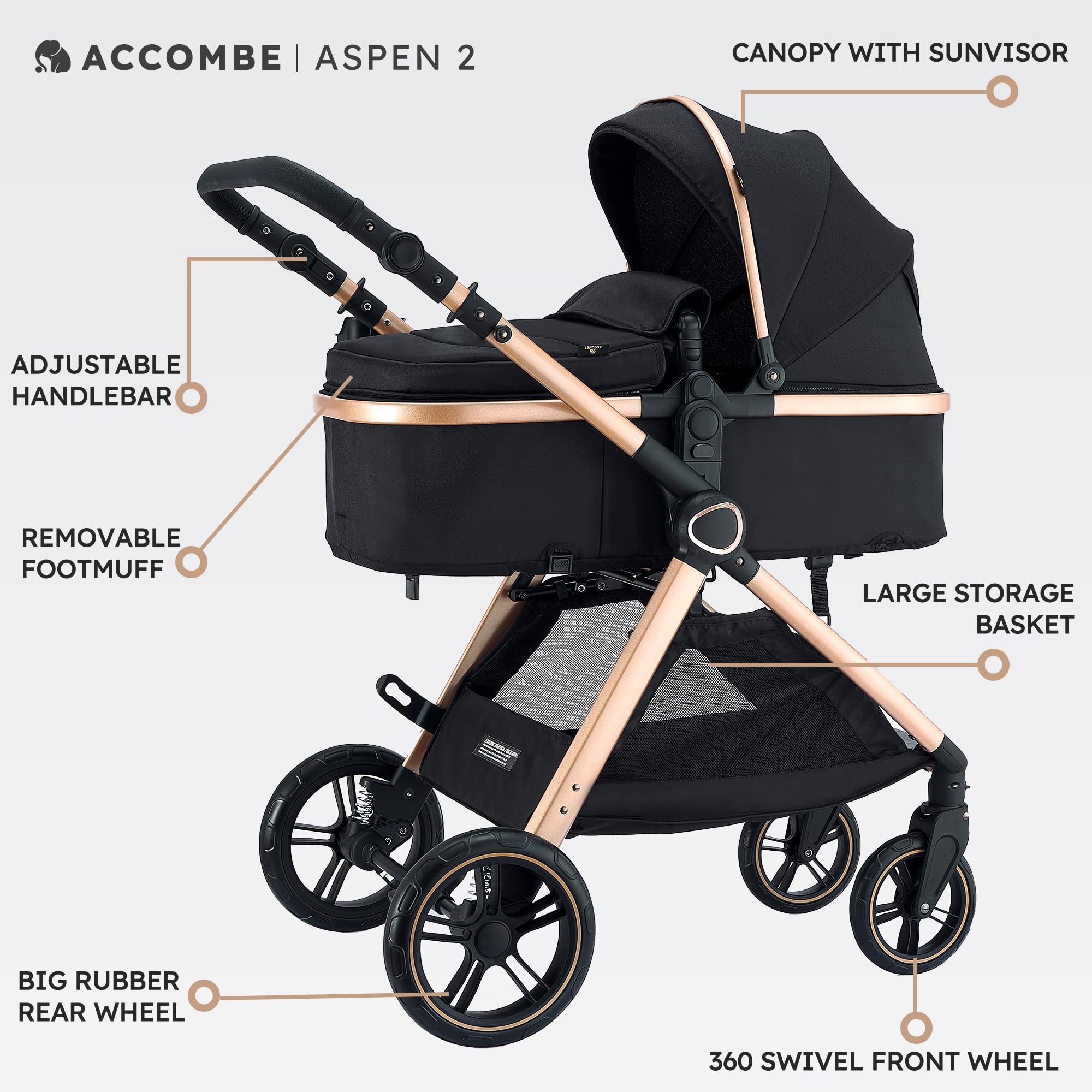 Accombe multi-level handlebar adjusts to parent height for comfortable steering