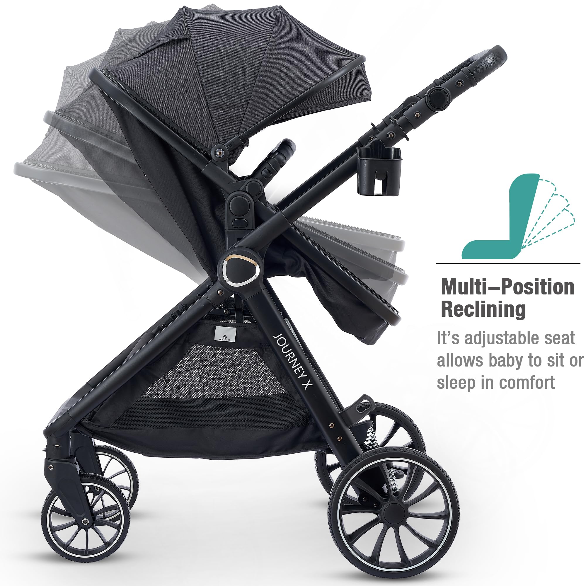 ACCOMBE reversible bassinet enables forward- or parent-facing views.