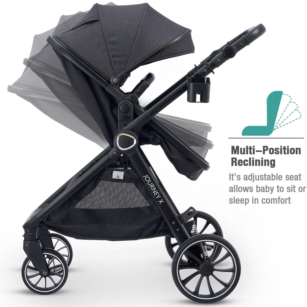 ACCOMBE reversible bassinet enables forward- or parent-facing views.