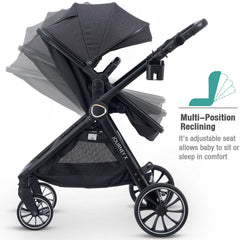 ACCOMBE reversible bassinet enables forward- or parent-facing views.