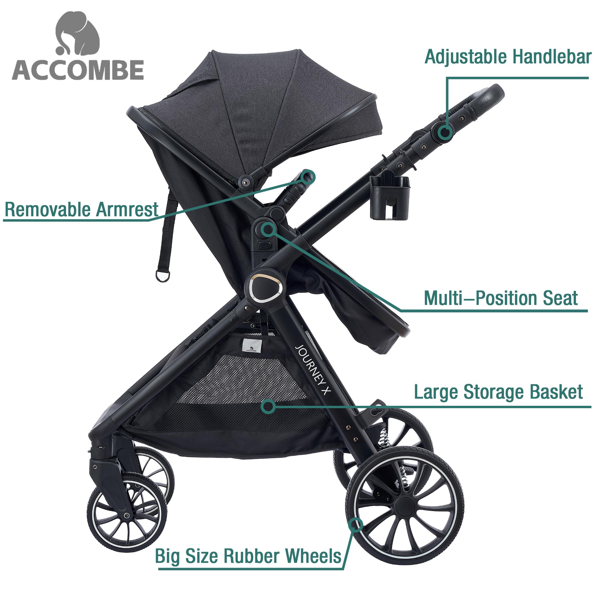 ACCOMBE safety belt and brake emphasize secure setup during adventures.