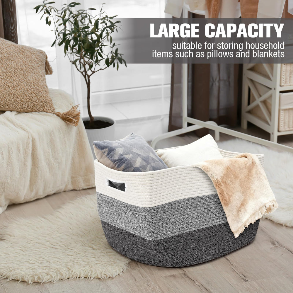Two-piece cotton rope baskets add chic living-room organization.
