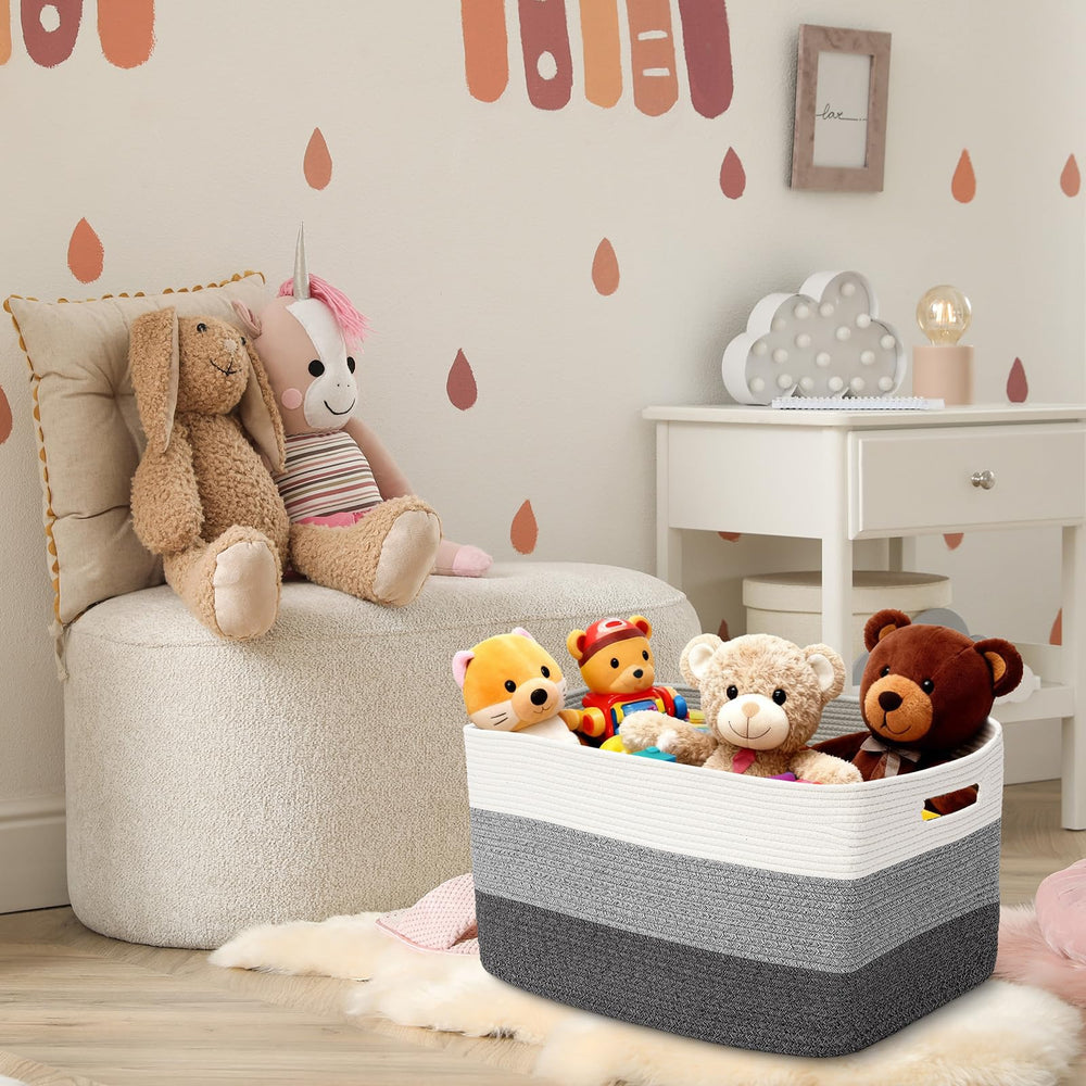 Acellegic decorative storage for toys or towels, blends with neutral decor.