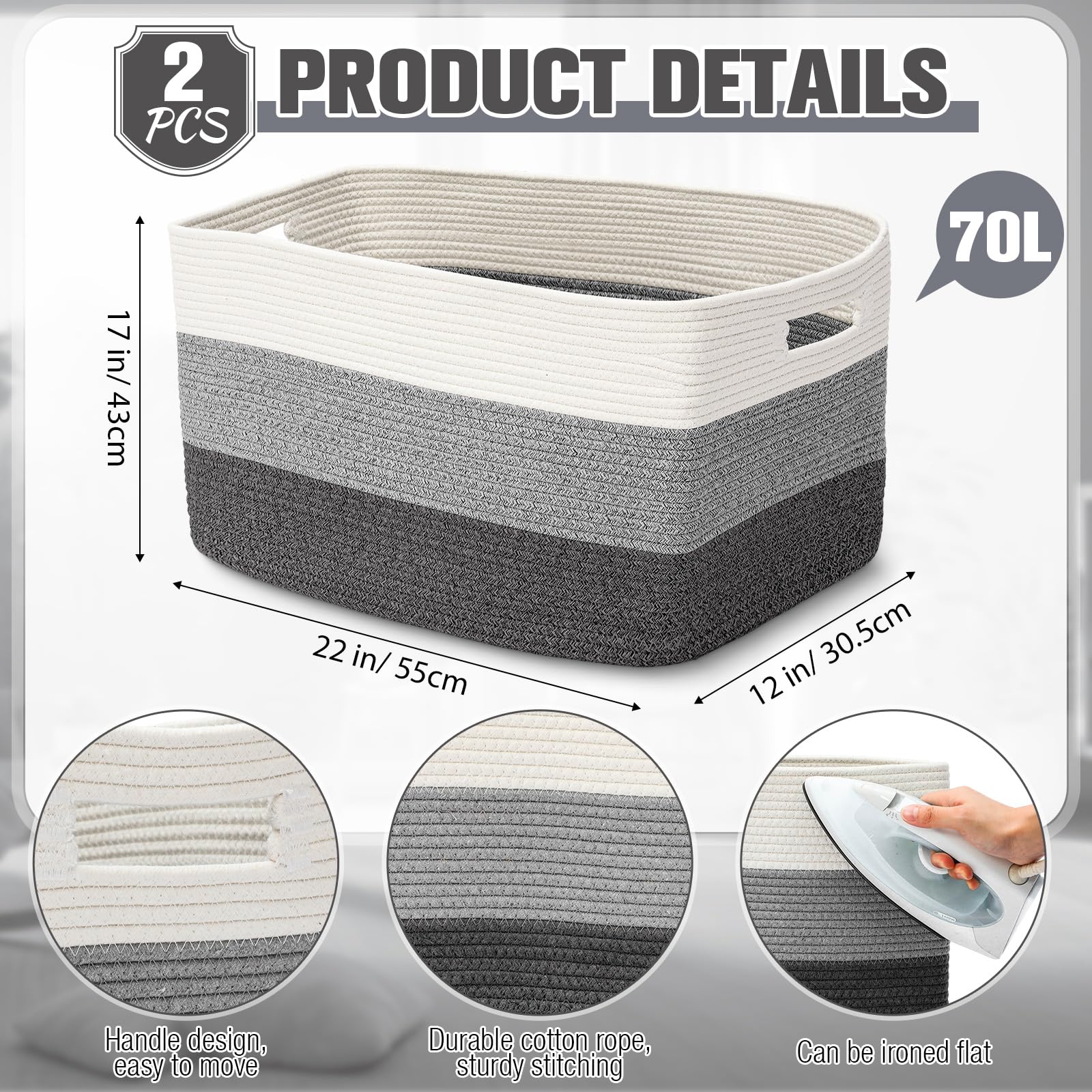 Acellegic storage basket with reinforced handles gradient grey, easy laundry transport.