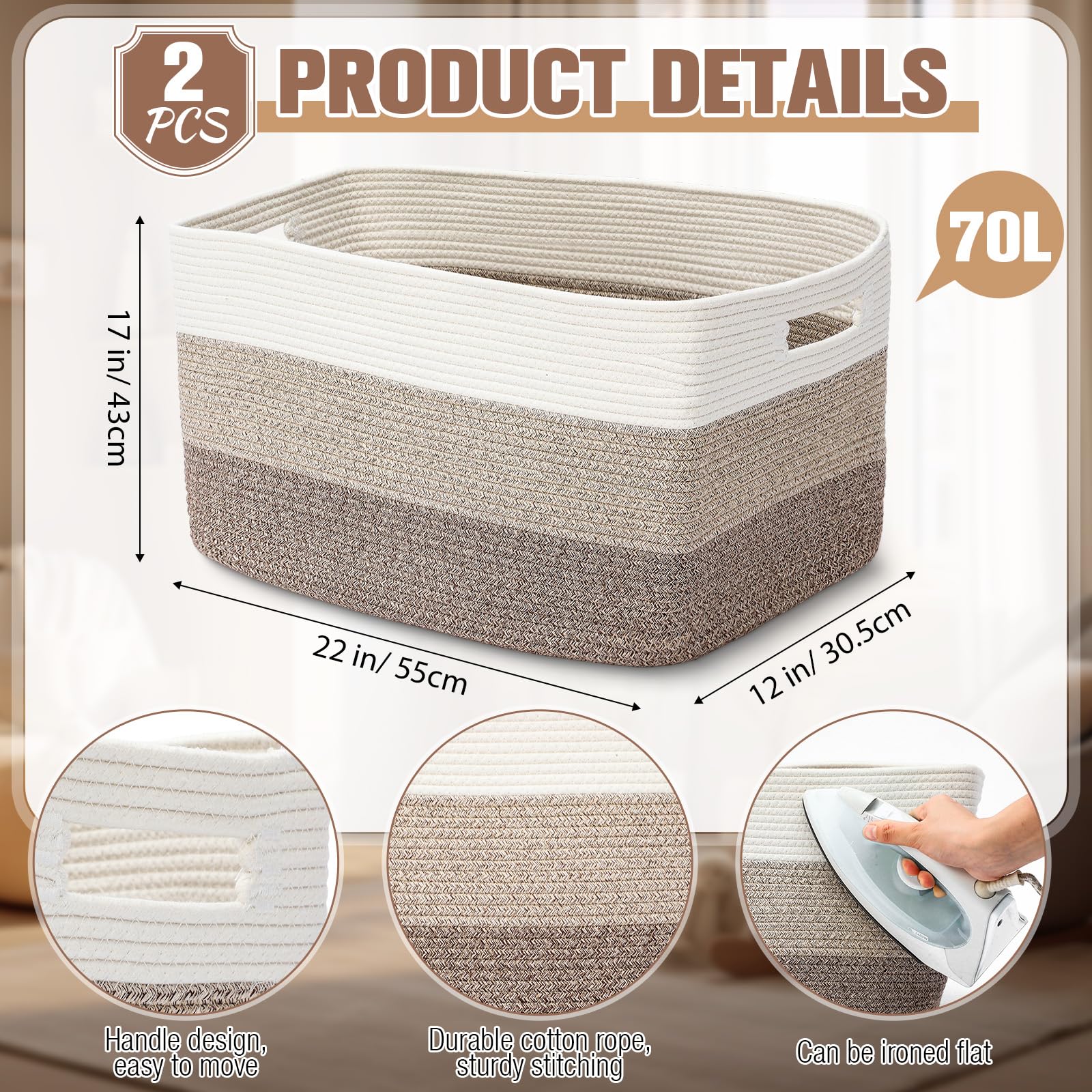 Acellegic rectangle storage basket with handles close-up stitching for sturdy organization
