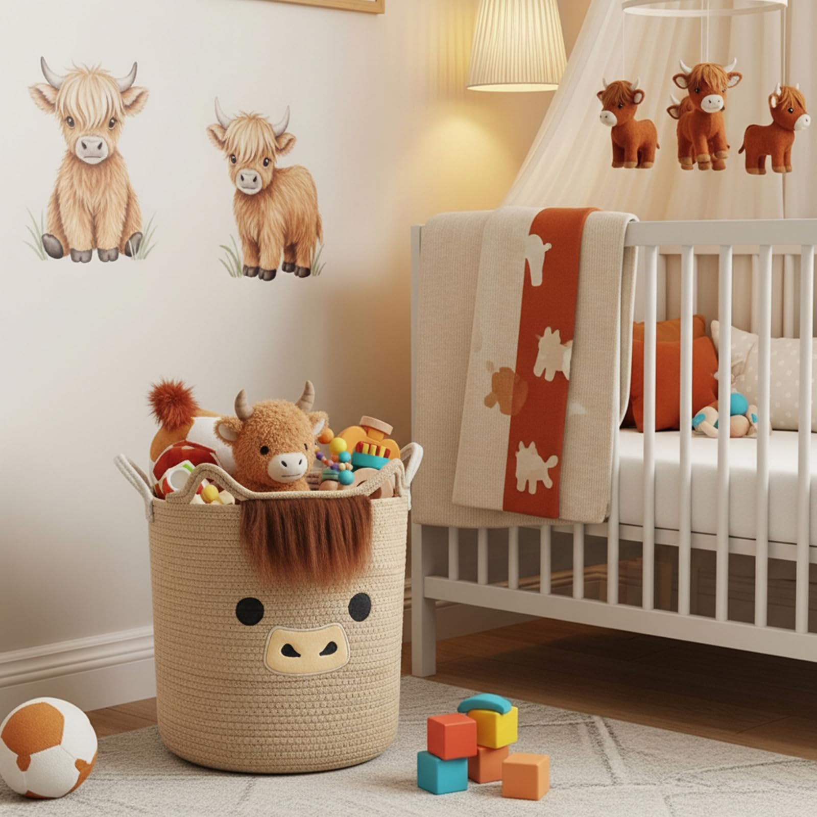 AceOrbit Highland Cow Basket interior use demonstrates versatile storage for blankets and toys