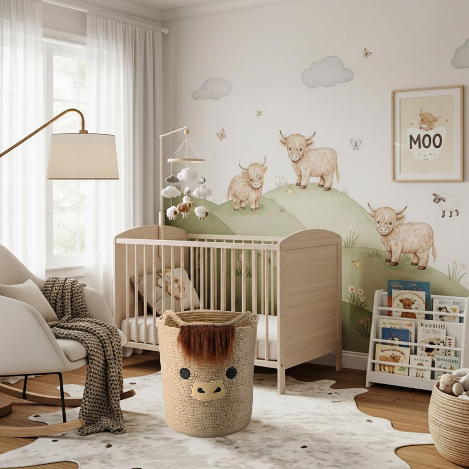 AceOrbit Highland Cow Basket nursery decor adds whimsy while organizing essentials