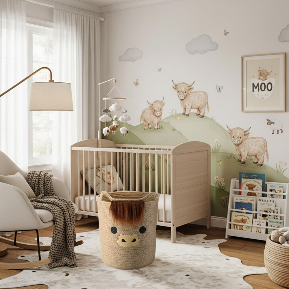 AceOrbit Highland Cow Basket nursery decor adds whimsy while organizing essentials