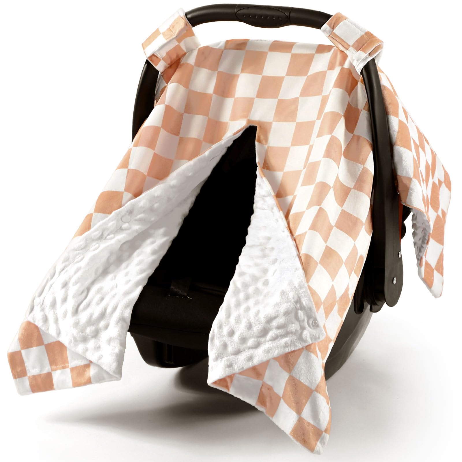 AceOrbit khaki checkered car seat cover shows universal fit and warm protection for babies.