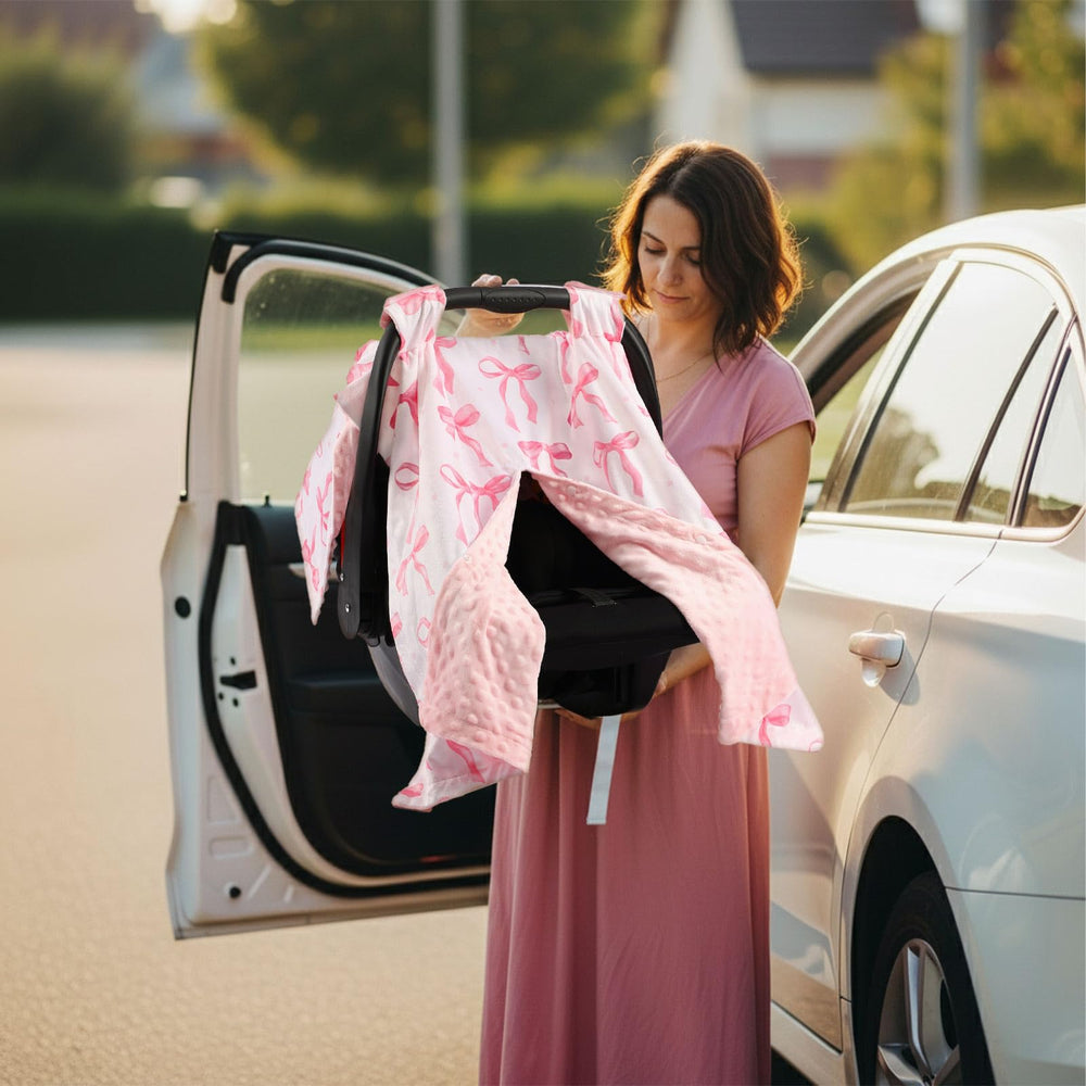 AceOrbit pink bow cover offers 360-degree protection from sun and wind for naps outdoors.