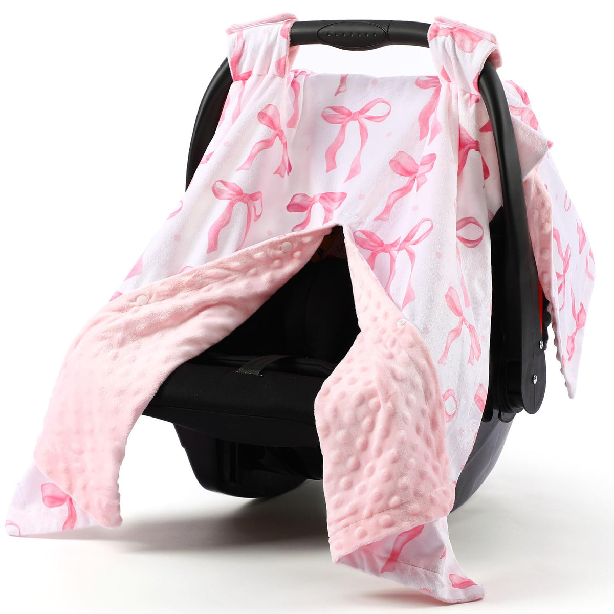 AceOrbit pink bow car seat cover shows cozy plush lining for baby warmth.
