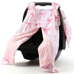 AceOrbit pink bow car seat cover shows cozy plush lining for baby warmth.