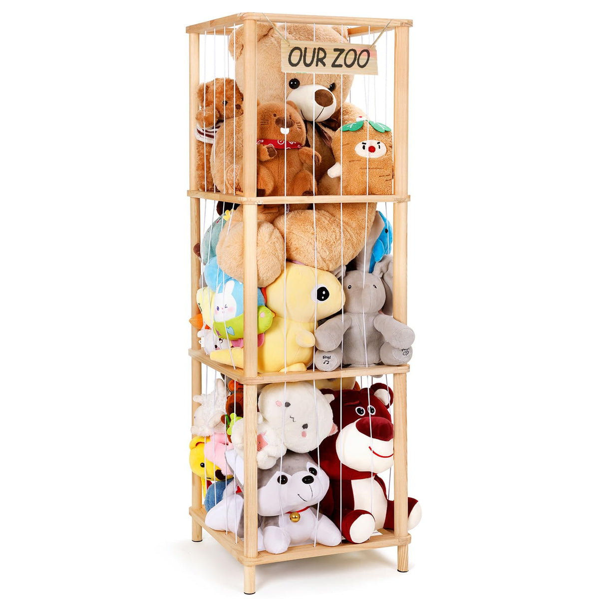 ACEPRUT stuffed animal storage wood front view keeps plush toys neatly organized for tidy playroom