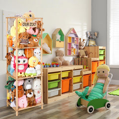 ACEPRUT stuffed animal storage wood side view highlights space-saving vertical design for kid rooms