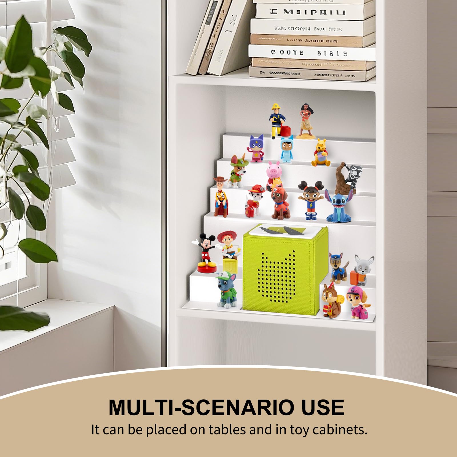 ACEPRUT Tonies shelf middle cutout hides cables for easy Toniebox use.