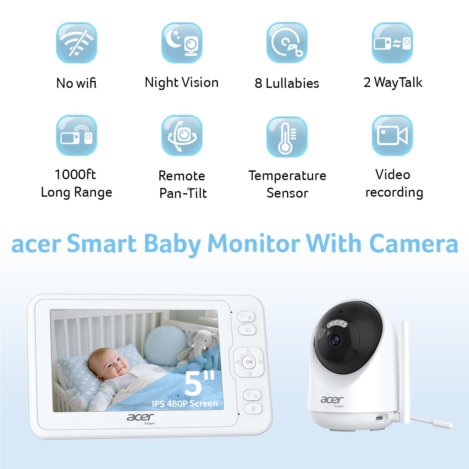 Acer Smart Baby Monitor 5-inch LCD display for real-time baby view