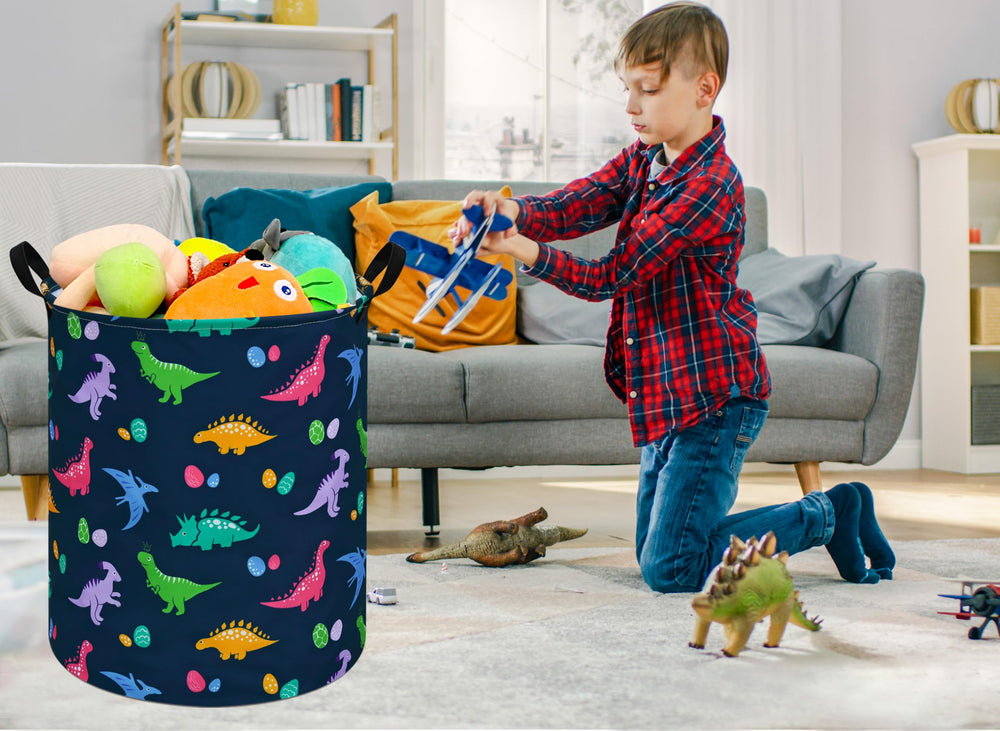 ACMUUNI bedroom decor idea featuring dinosaur-pattern hamper as stylish laundry solution.