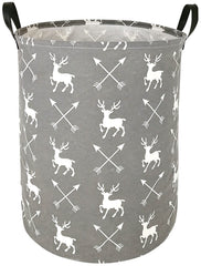 ACMUUNI deer round laundry hamper with handles for easy transport in bedrooms.