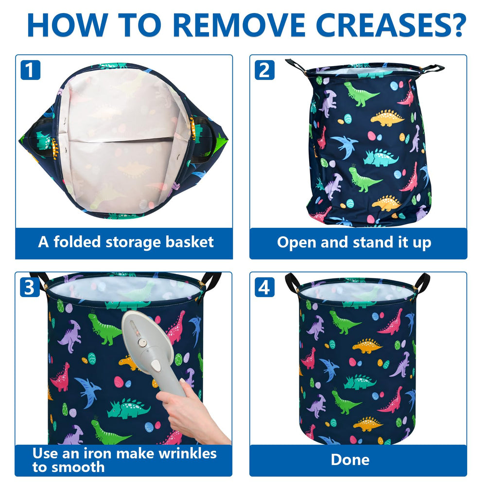ACMUUNI dinosaur-pattern hamper closeup showing sturdy handles and durable fabric.