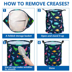 ACMUUNI dinosaur-pattern hamper closeup showing sturdy handles and durable fabric.