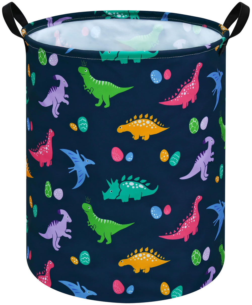 ACMUUNI dinosaur-pattern round laundry hamper with handles for easy transport.