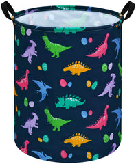 ACMUUNI dinosaur-pattern round laundry hamper with handles for easy transport.
