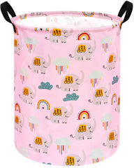 ACMUUNI elephant pattern round hamper front view with sturdy handles for easy laundry transport