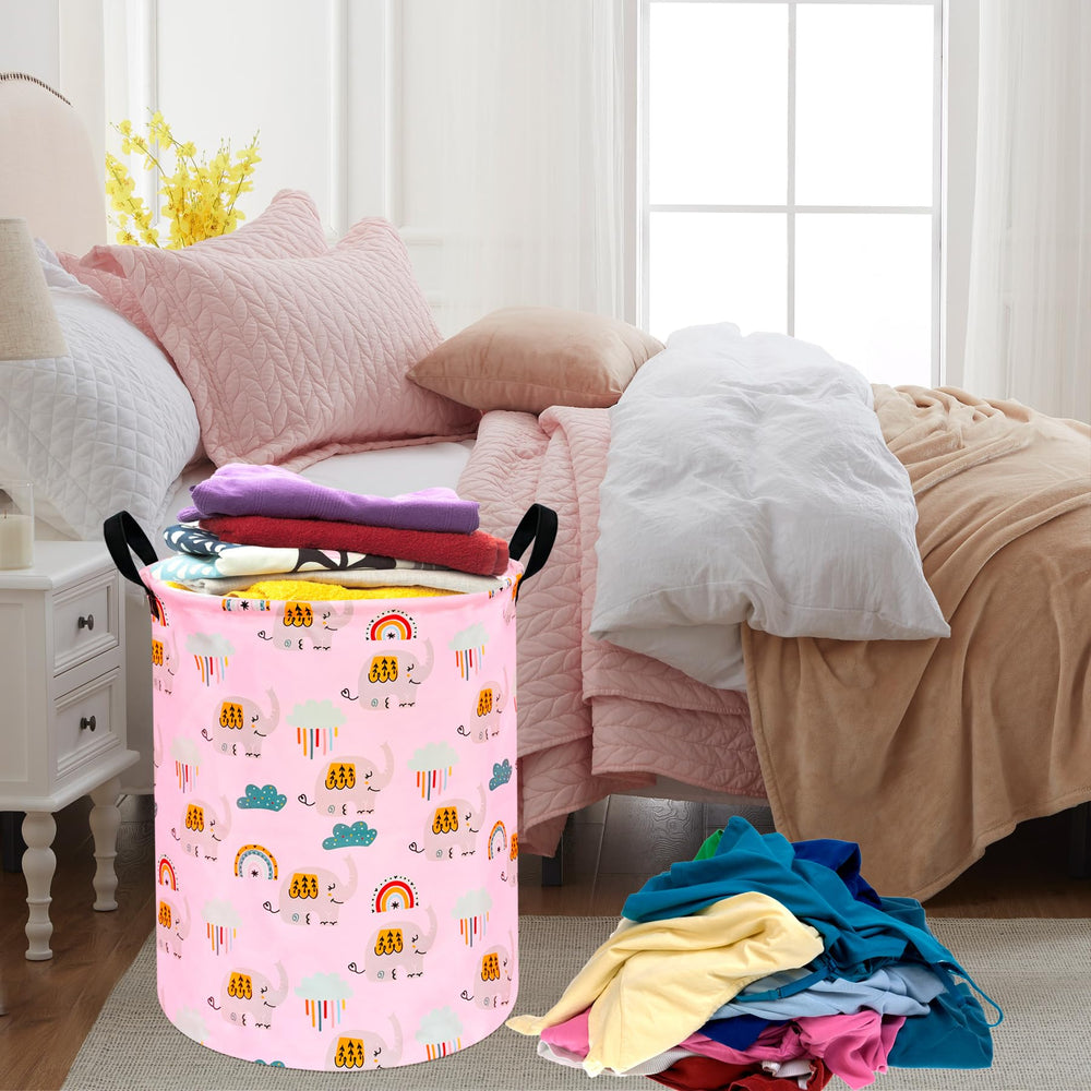 ACMUUNI elephant pattern round hamper in-room setup as stylish storage solution