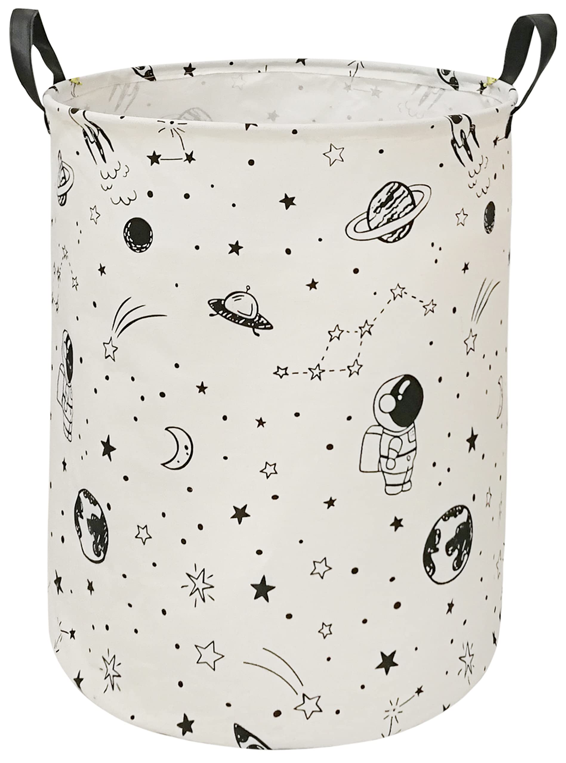ACMUUNI round laundry hamper with astronaut pattern provides stylish storage for dirty clothes.