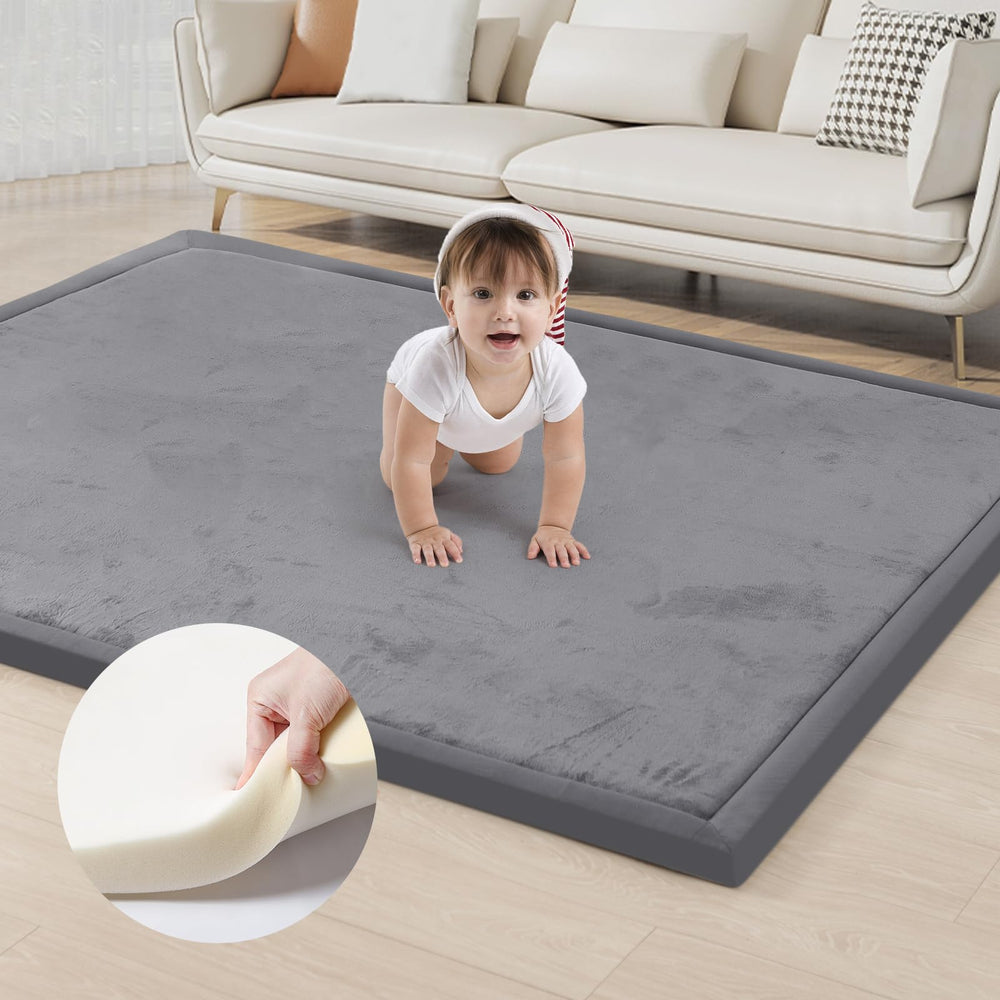 ACOMOPACK baby play mat with thick memory foam provides plush cushioning for crawling and tummy time.