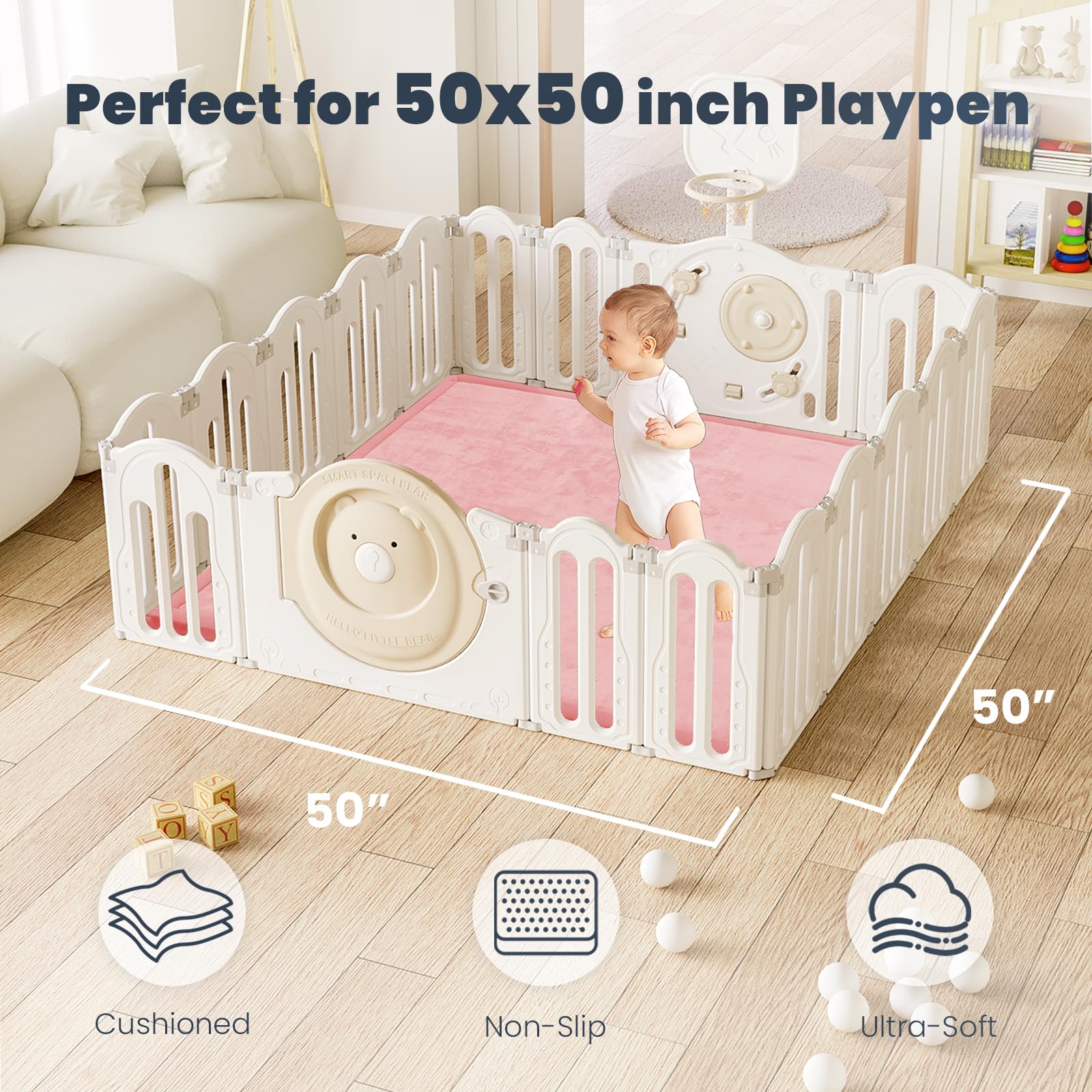 ACOMOPACK baby play mat 50x50 layout demonstrates snug fit for playpens
