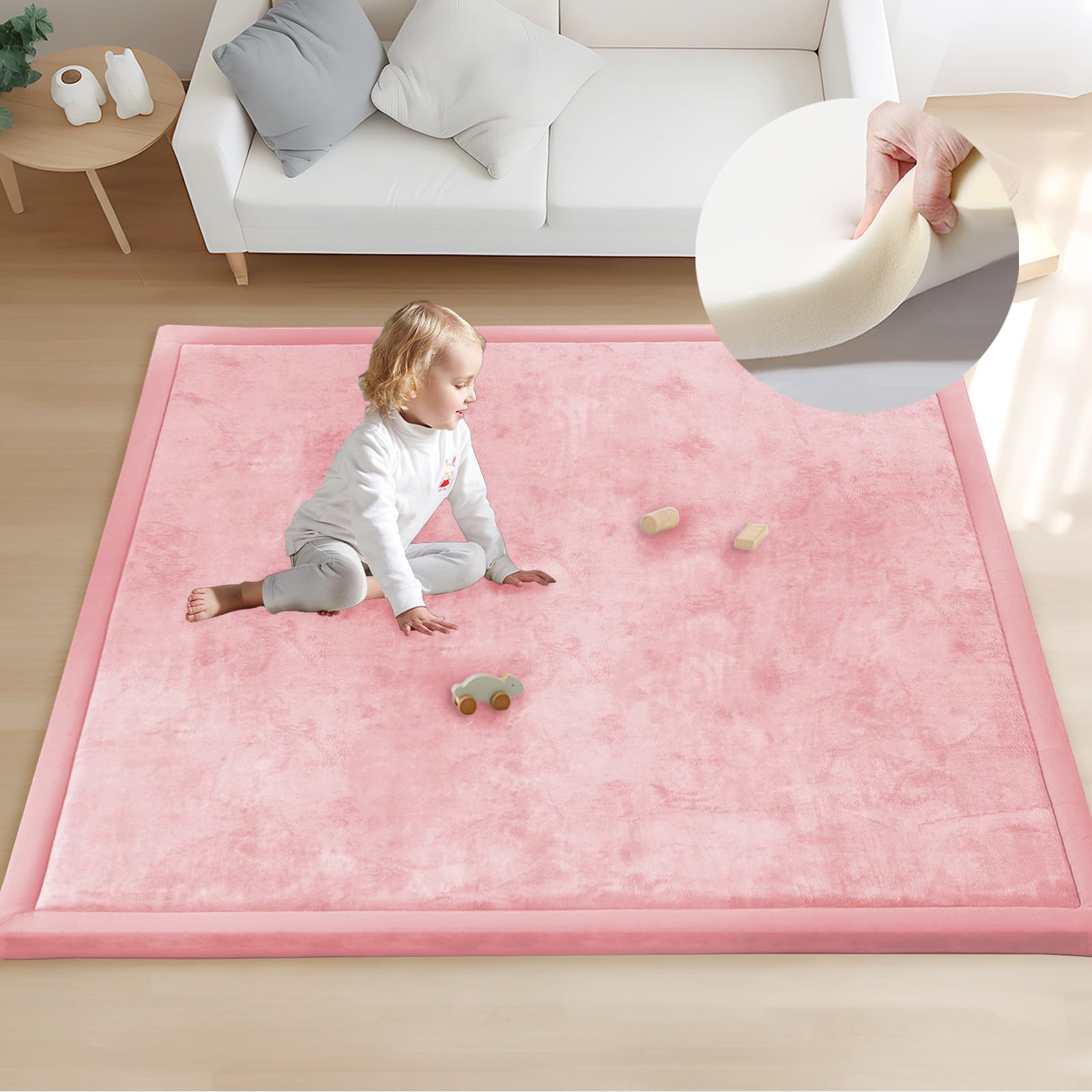 ACOMOPACK baby play mat pink foam close-up showing thick cushioning for comfy floor time