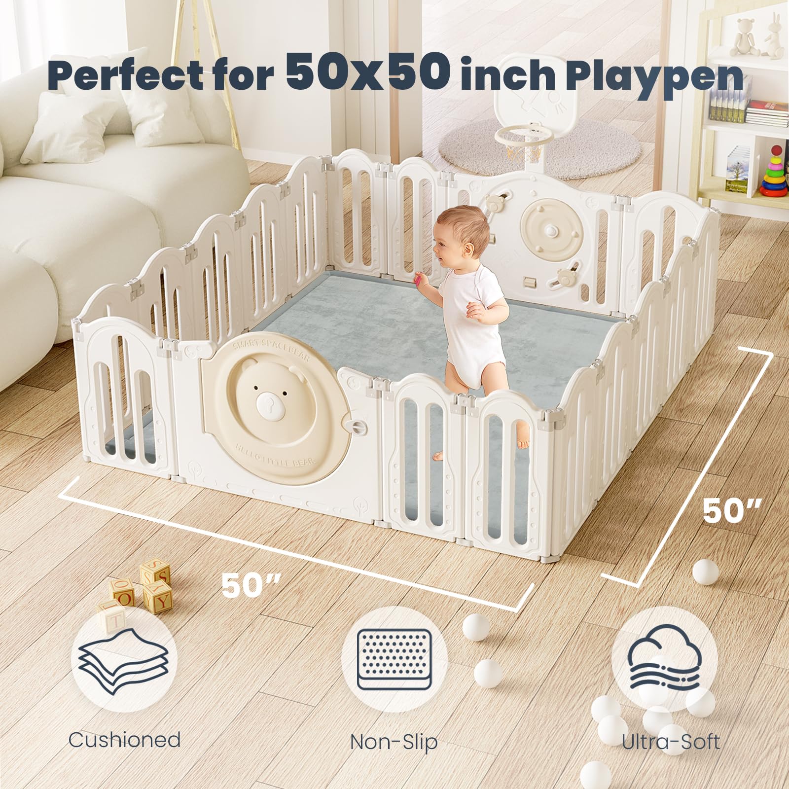 ACOMOPACK playpen 50x50 fit ensures cushioned play area.