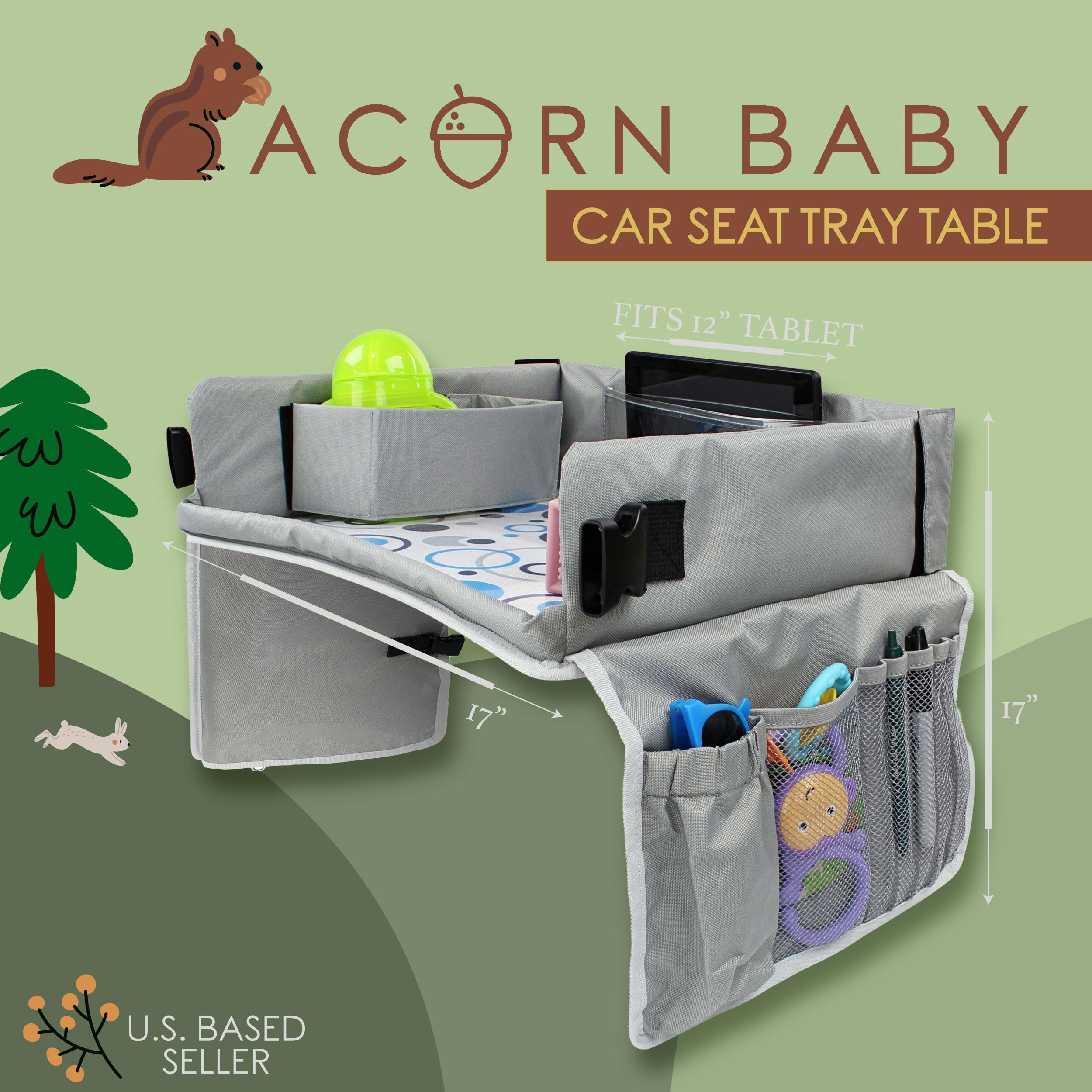 Acorn Baby backseat tray in-car setup demonstrates easy clip-and-go installation.