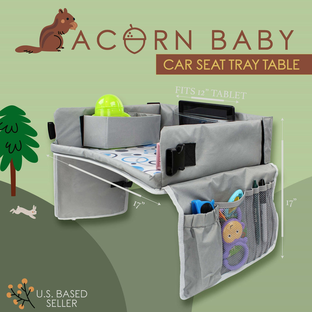 Acorn Baby backseat tray in-car setup demonstrates easy clip-and-go installation.