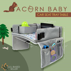 Acorn Baby backseat tray in-car setup demonstrates easy clip-and-go installation.