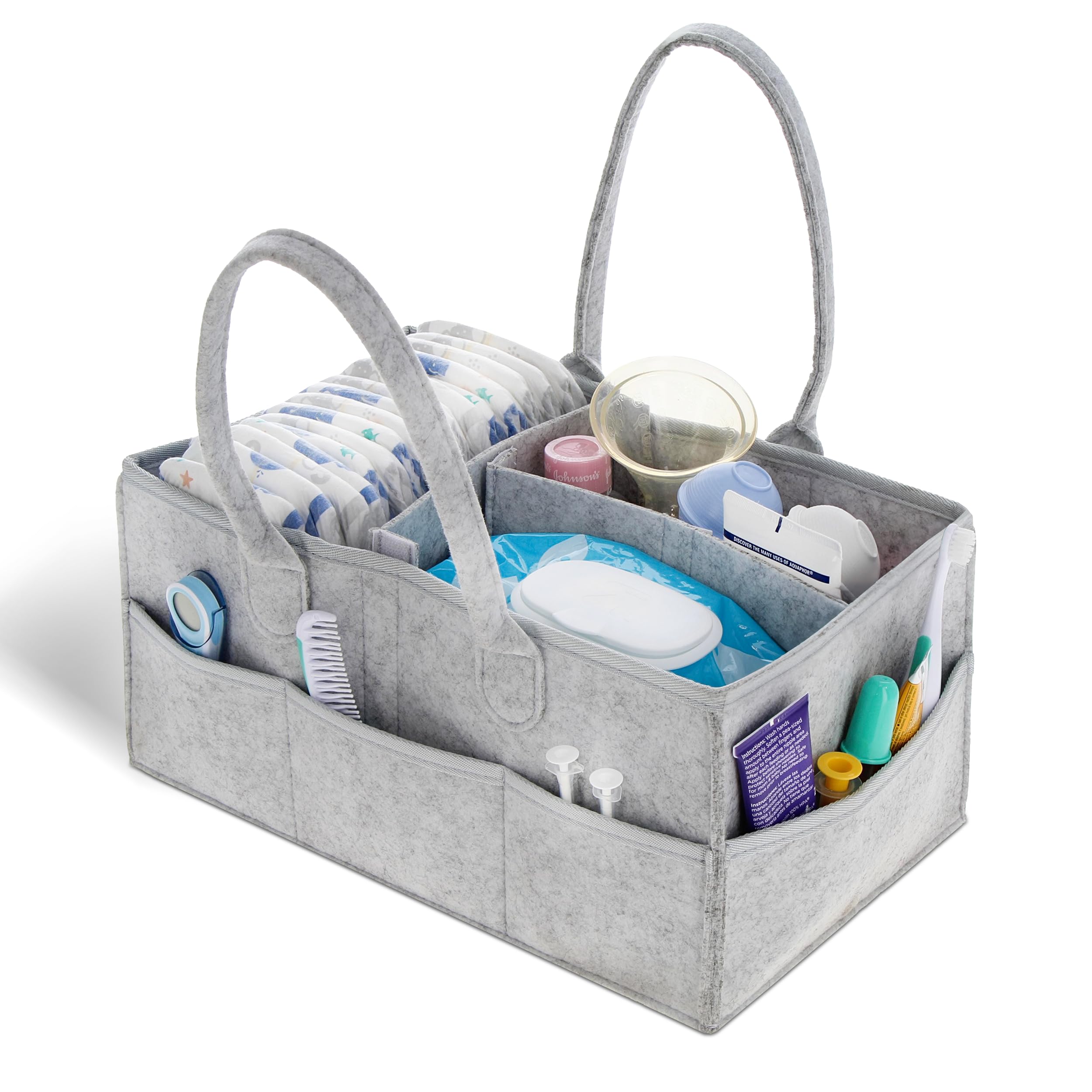 Acorn Baby diaper organizer marble gray large front view for diaper and wipe access